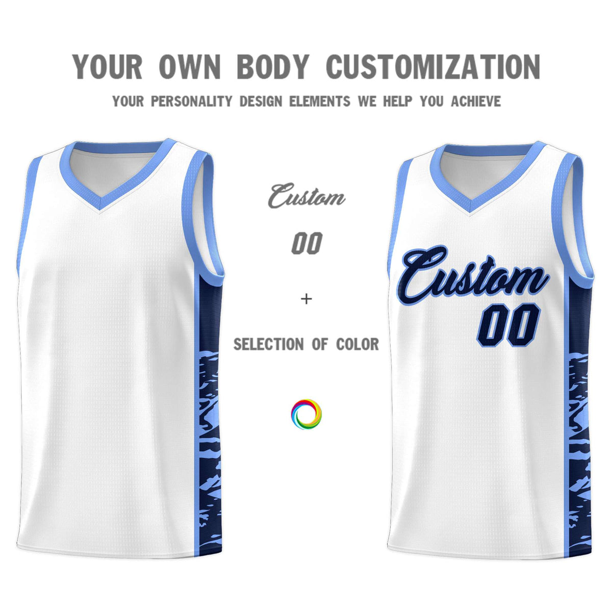 Custom White Light Blue Side Gradient Pattern Basketball Kits
