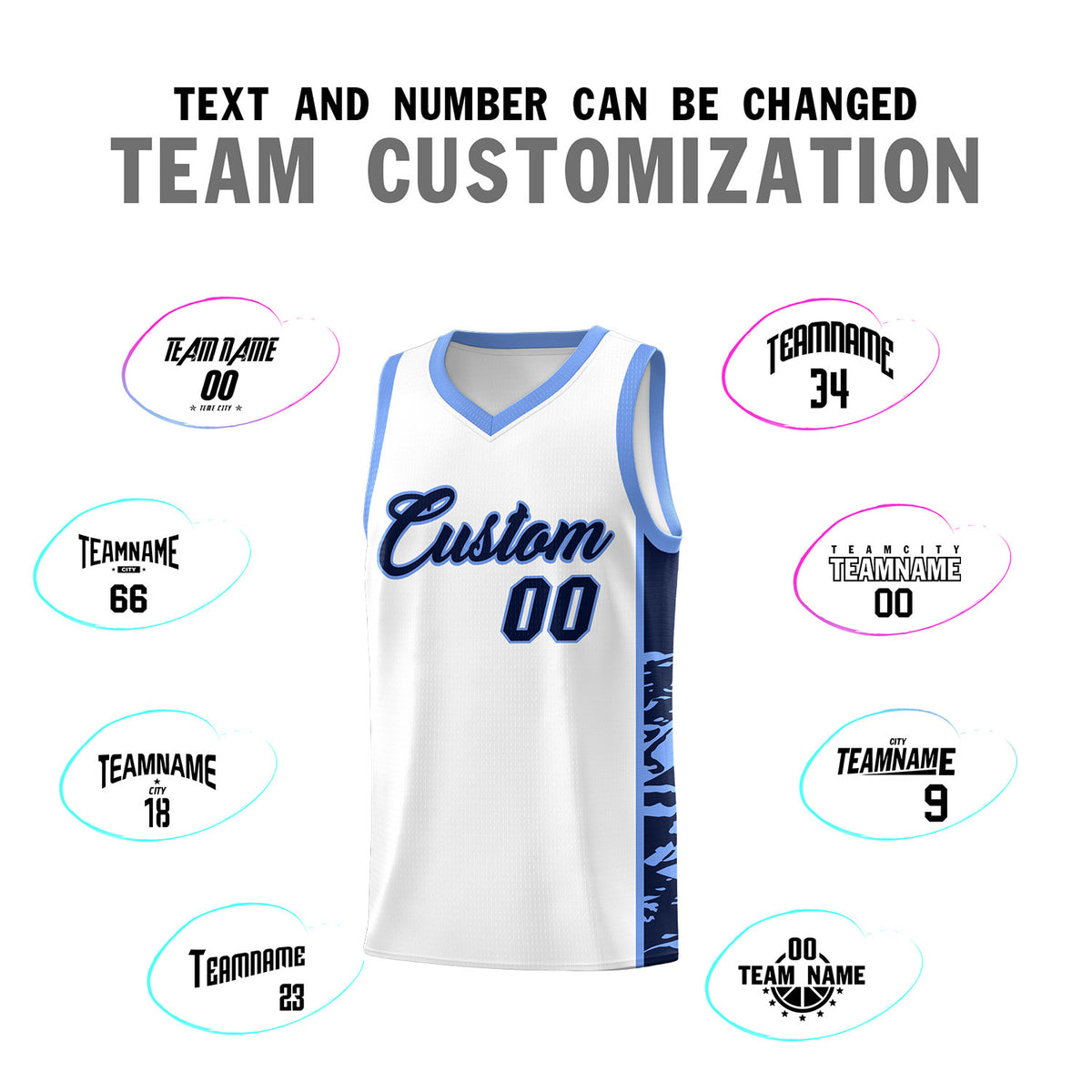 Custom White Light Blue Side Gradient Pattern Basketball Kits