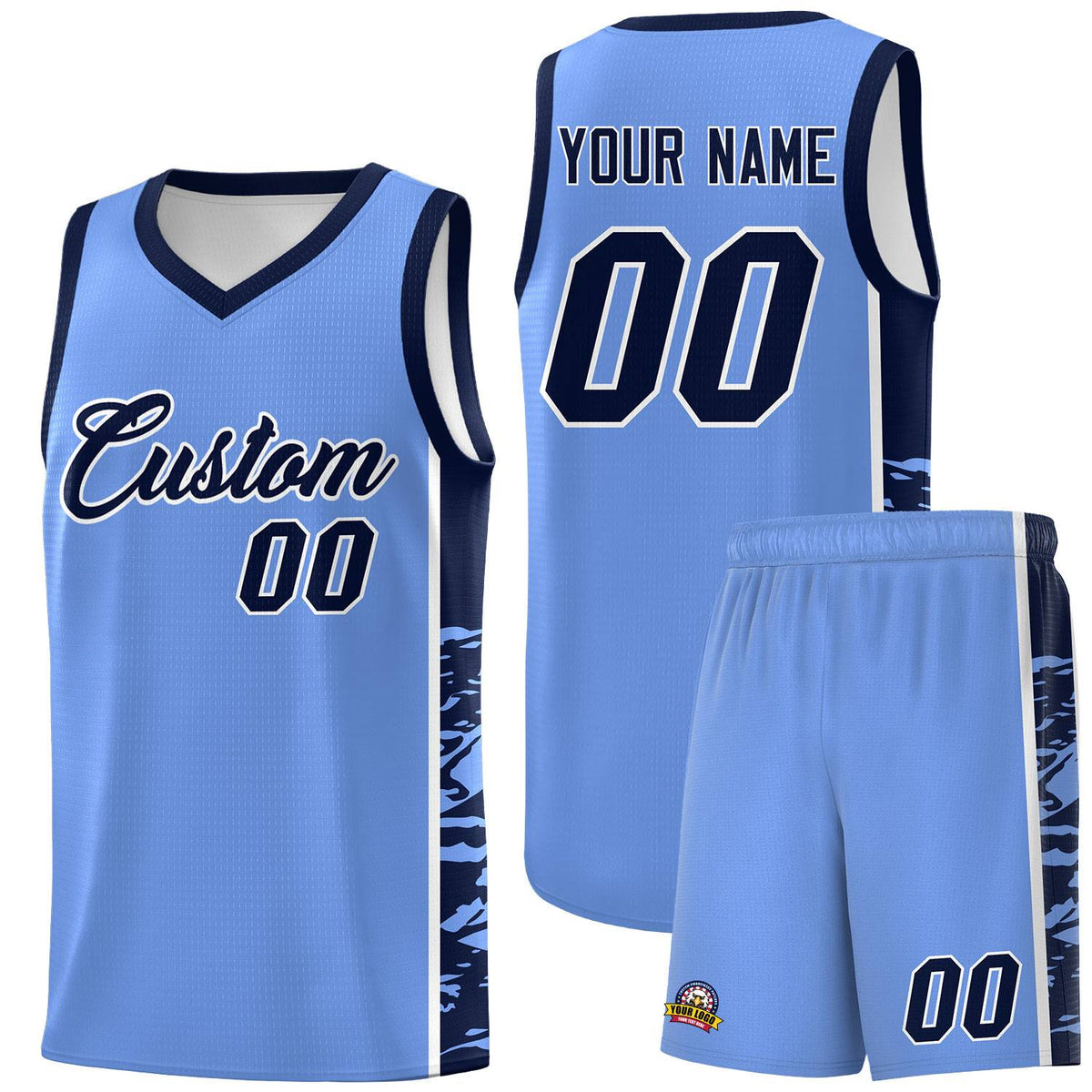 Custom Light Blue Navy Side Gradient Pattern Basketball Kits
