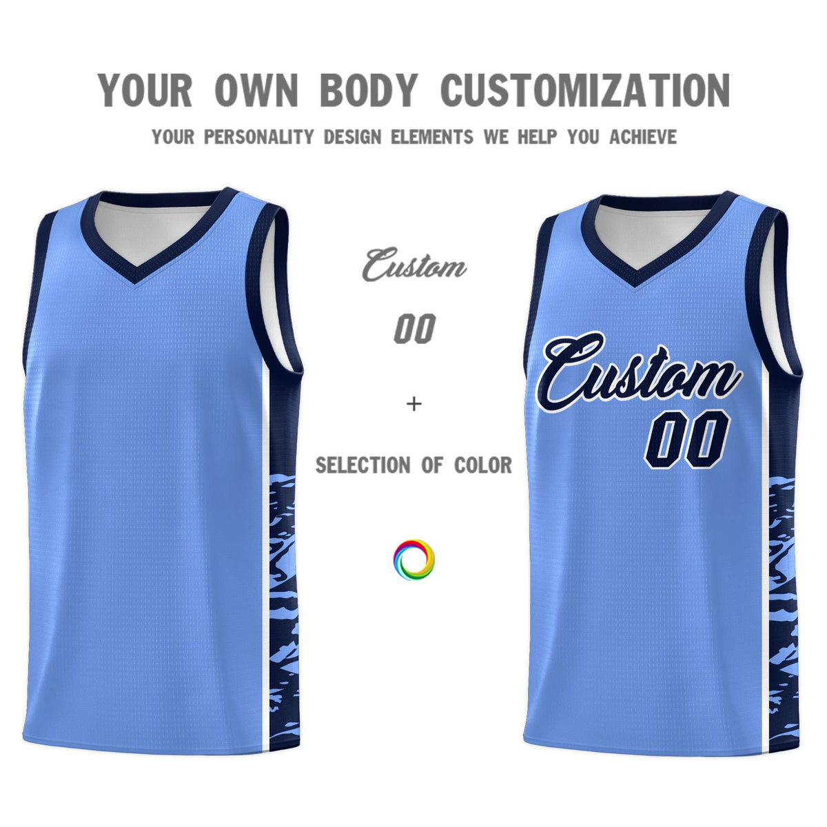 Custom Light Blue Navy Side Gradient Pattern Basketball Kits