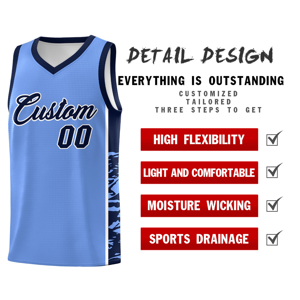 Custom Light Blue Navy Side Gradient Pattern Basketball Kits