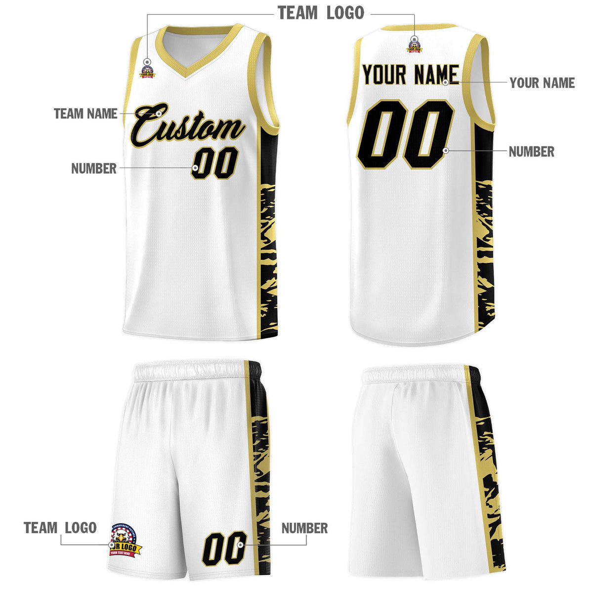 Custom White Old Gold Side Gradient Pattern Basketball Kits