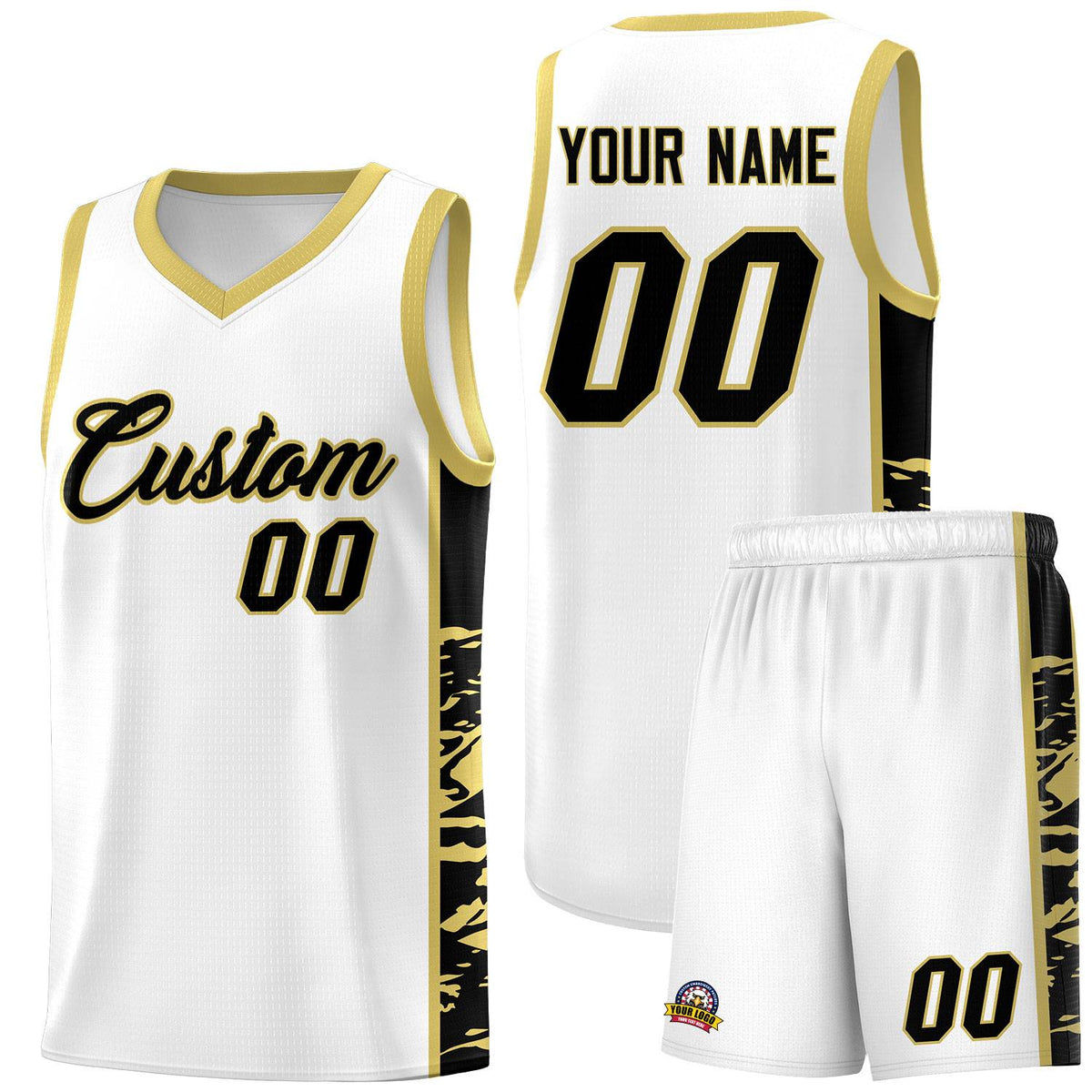 Custom White Old Gold Side Gradient Pattern Basketball Kits
