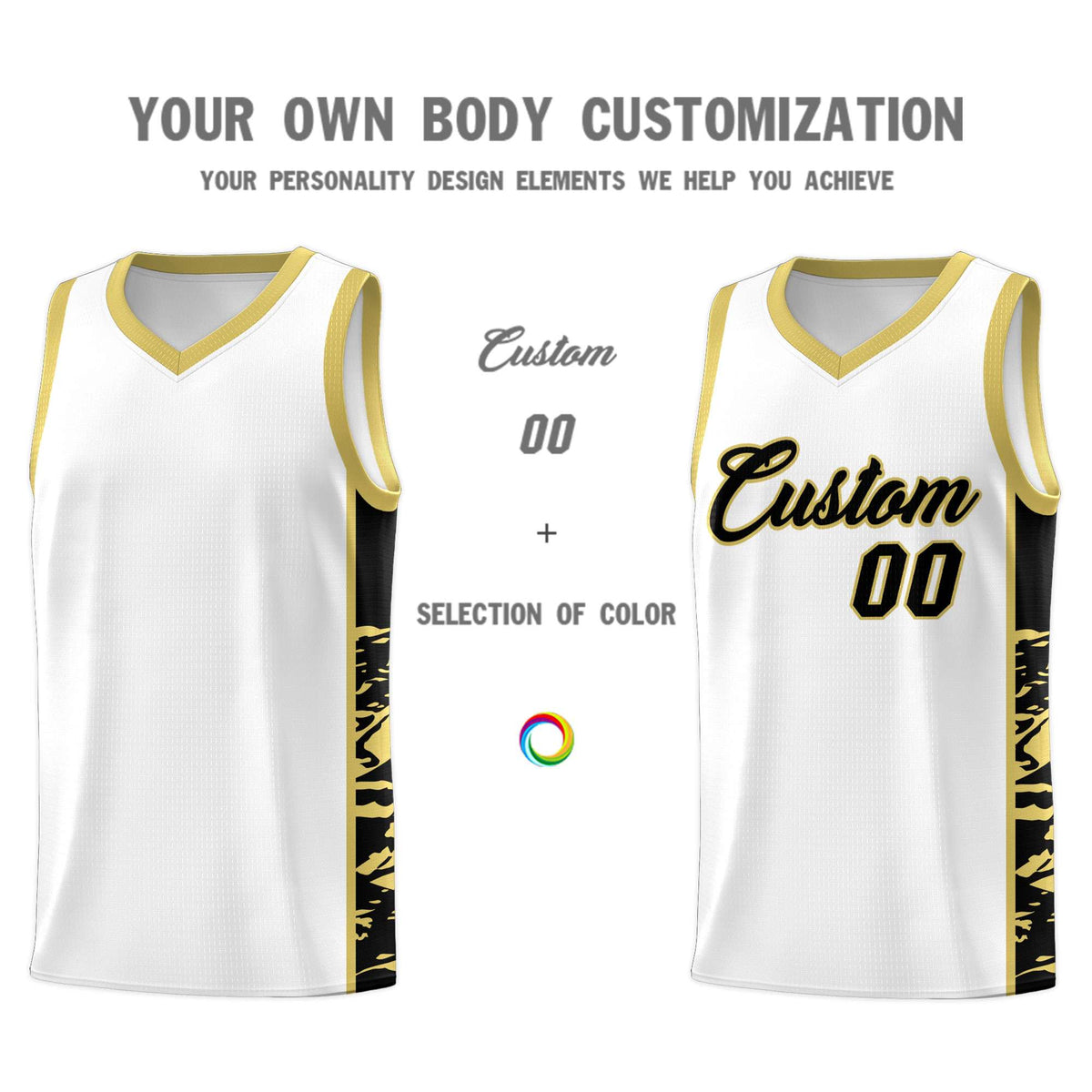 Custom White Old Gold Side Gradient Pattern Basketball Kits