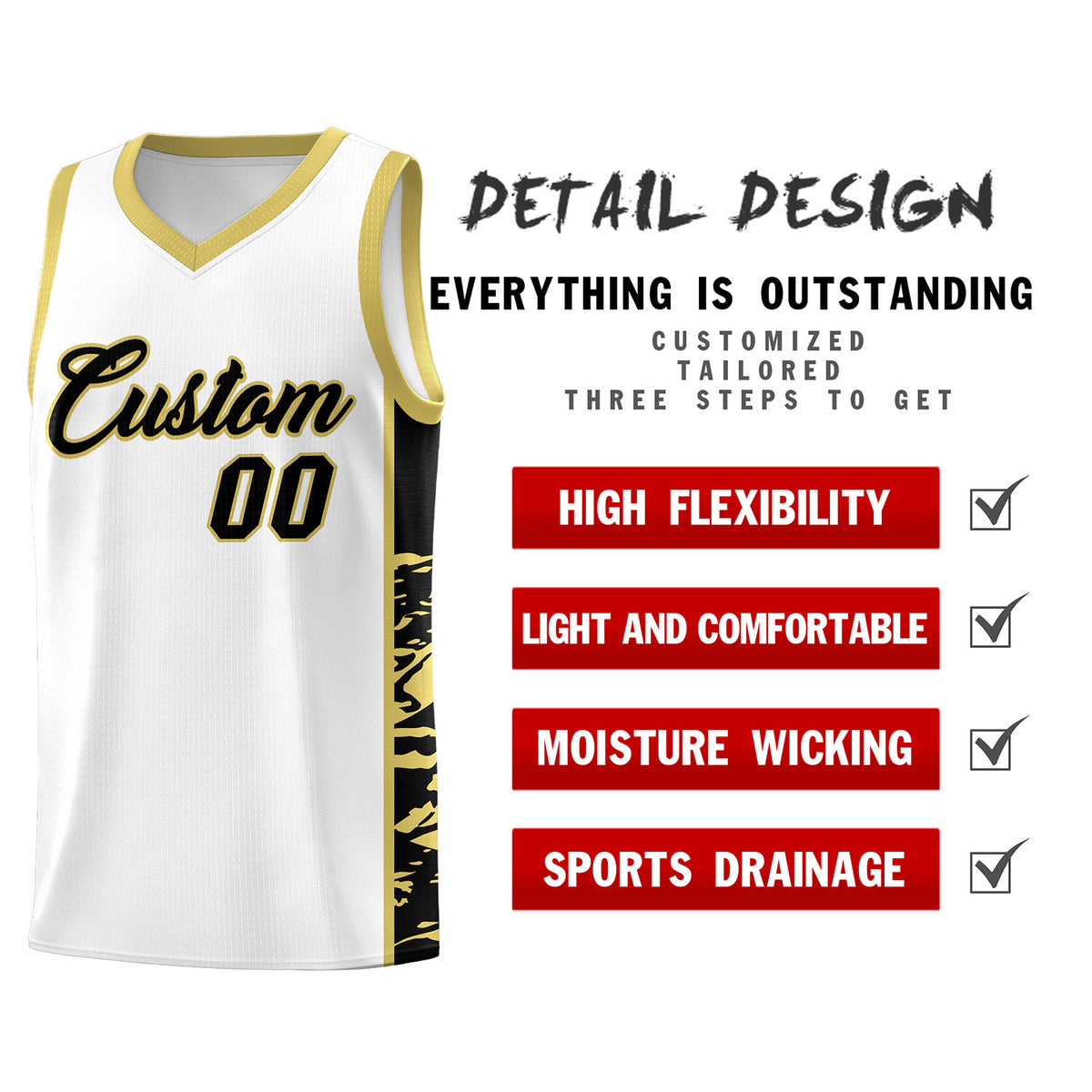 Custom White Old Gold Side Gradient Pattern Basketball Kits
