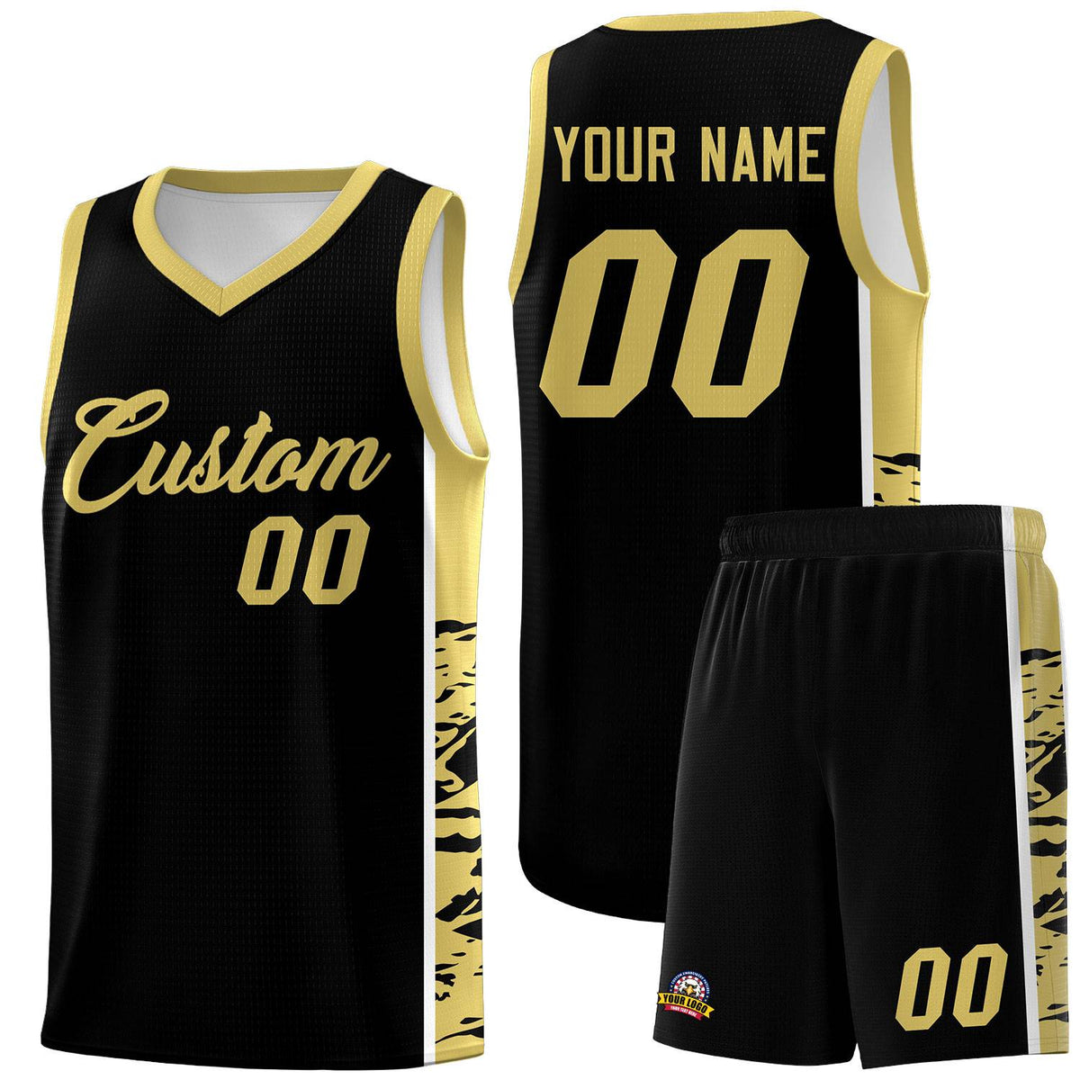 Custom Black Old Gold Side Gradient Pattern Basketball Kits