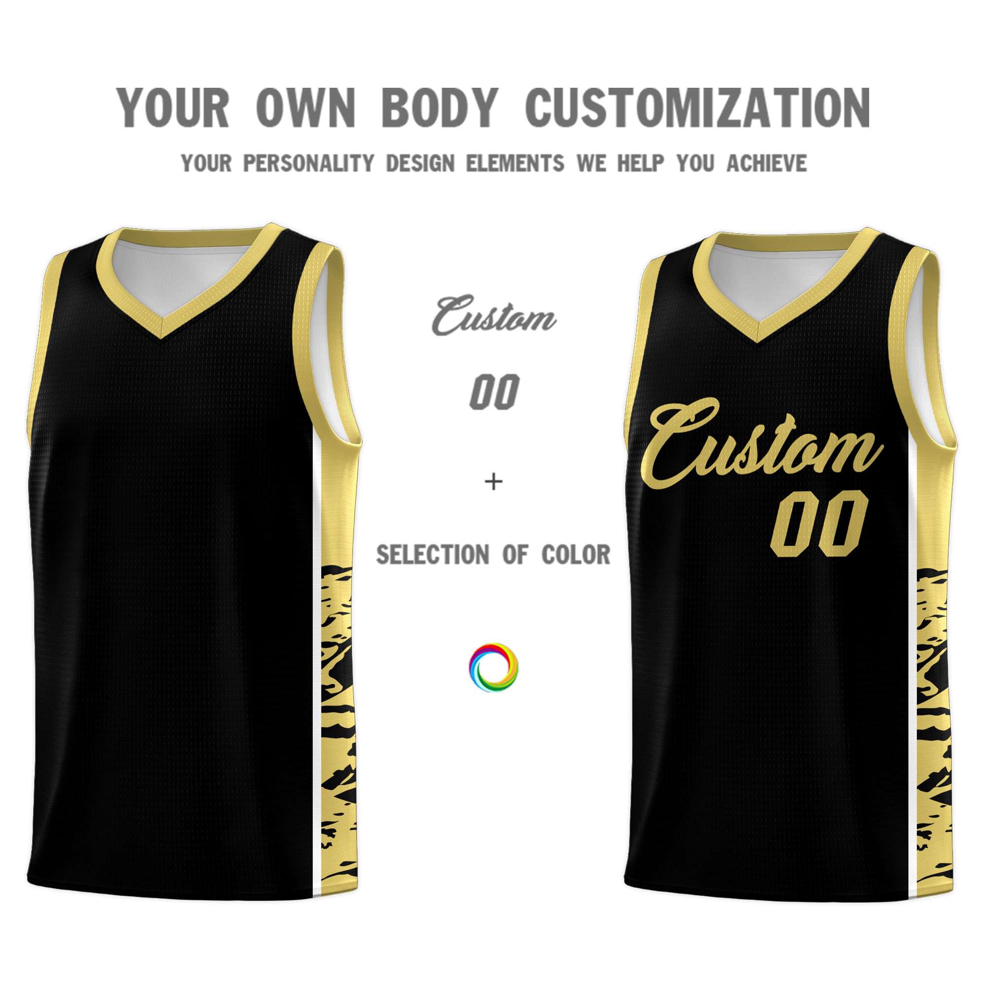 Custom Black Old Gold Side Gradient Pattern Basketball Kits