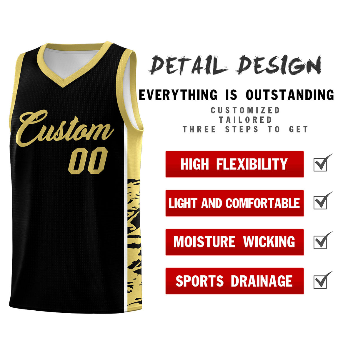 Custom Black Old Gold Side Gradient Pattern Basketball Kits