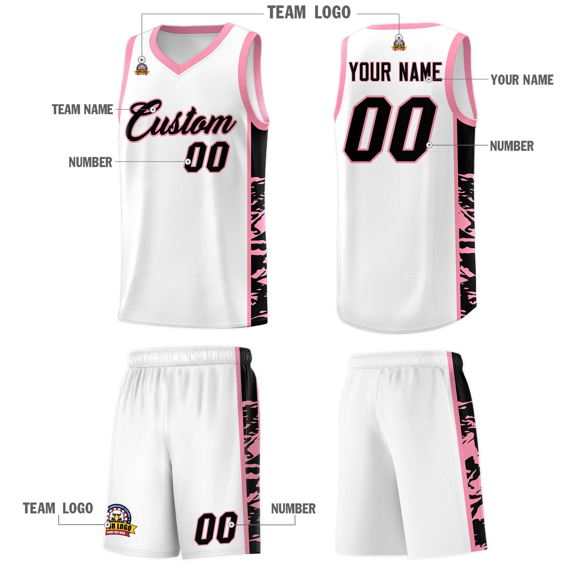Custom White Light Pink Side Gradient Pattern Basketball Kits