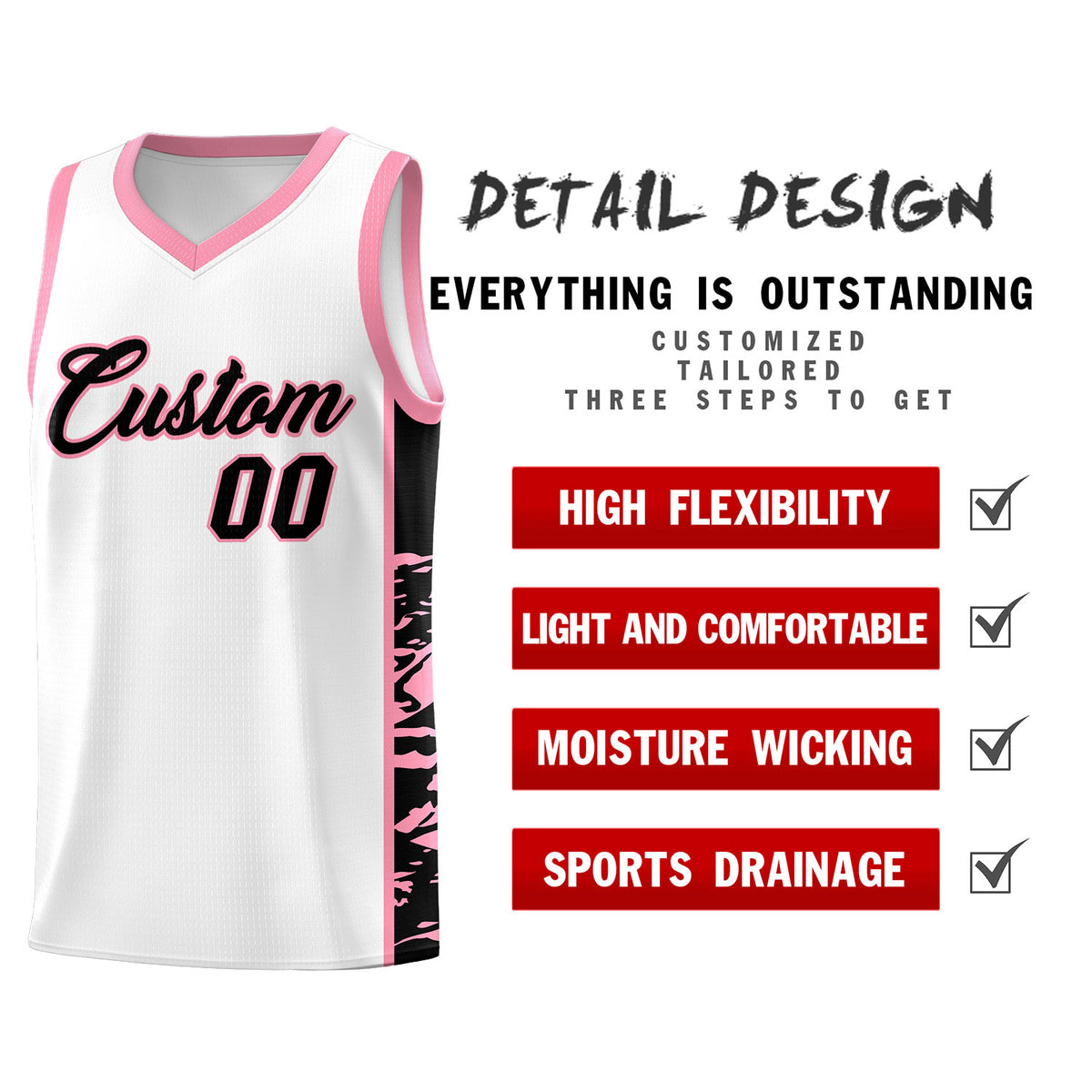 Custom White Light Pink Side Gradient Pattern Basketball Kits