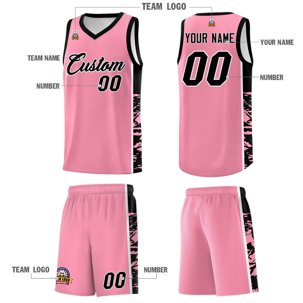 Custom Light Pink Black Side Gradient Pattern Basketball Kits