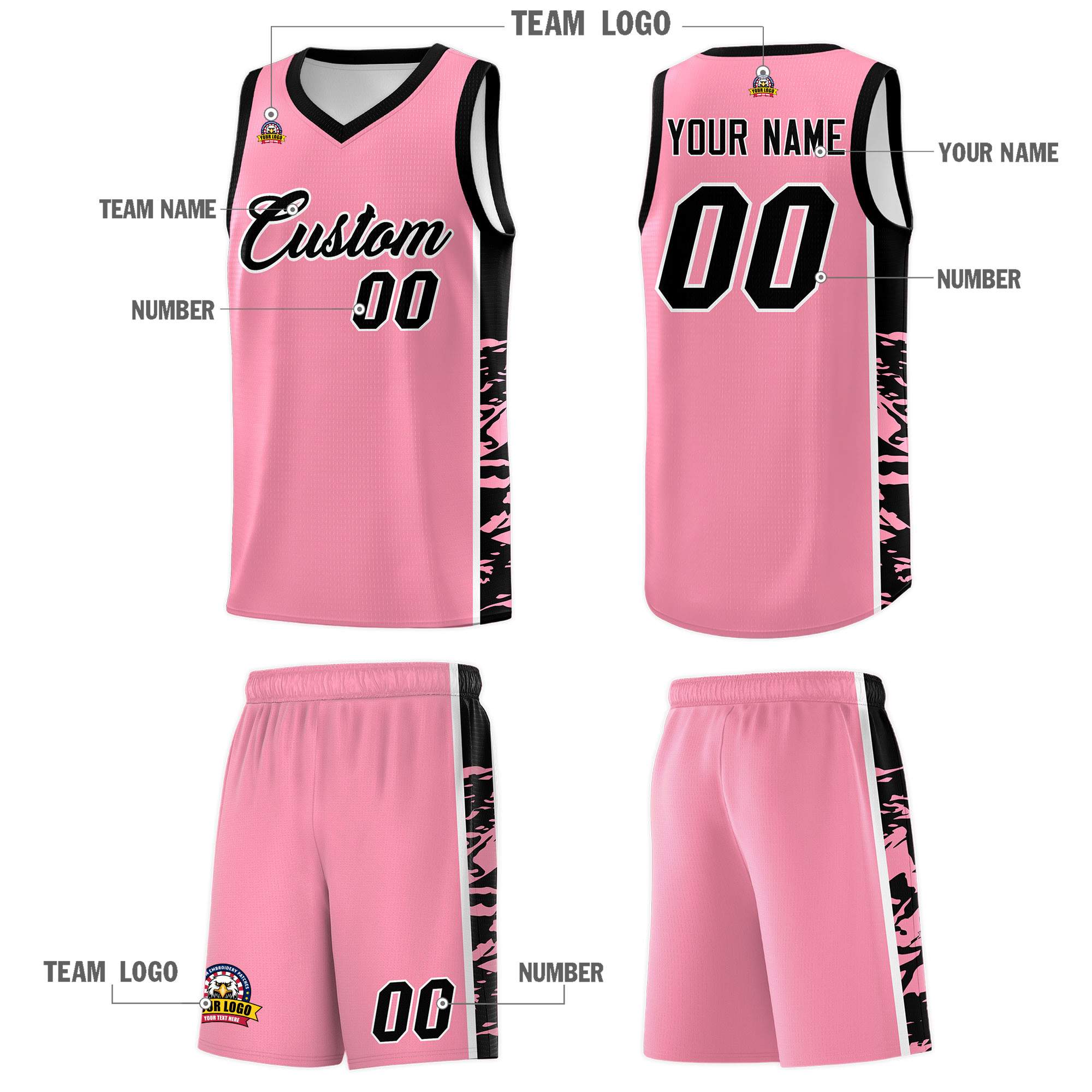 Custom Light Pink Black Side Gradient Pattern Basketball Kits