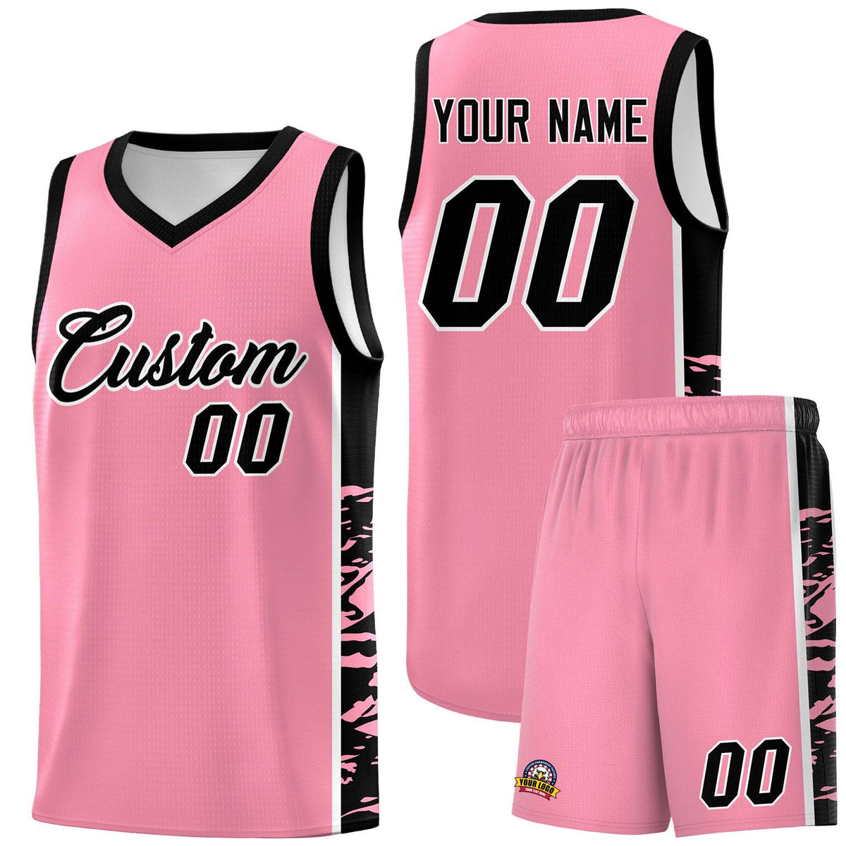Custom Light Pink Black Side Gradient Pattern Basketball Kits
