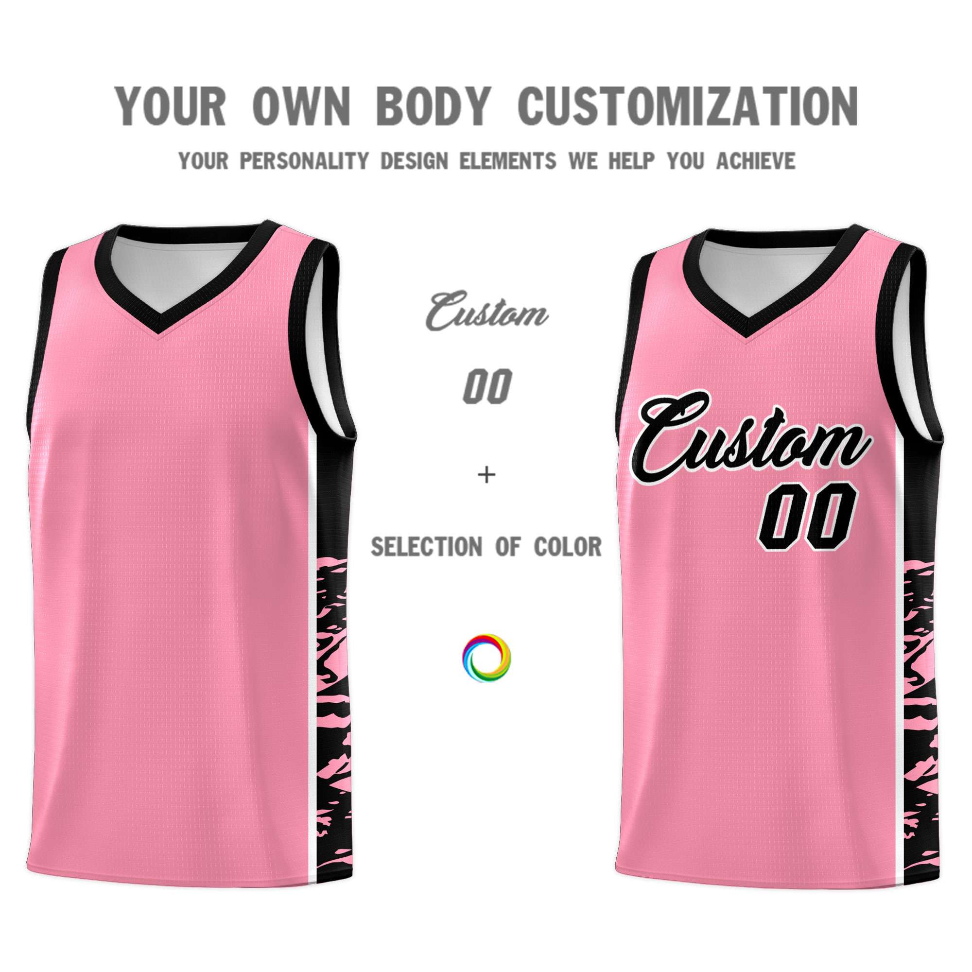 Custom Light Pink Black Side Gradient Pattern Basketball Kits