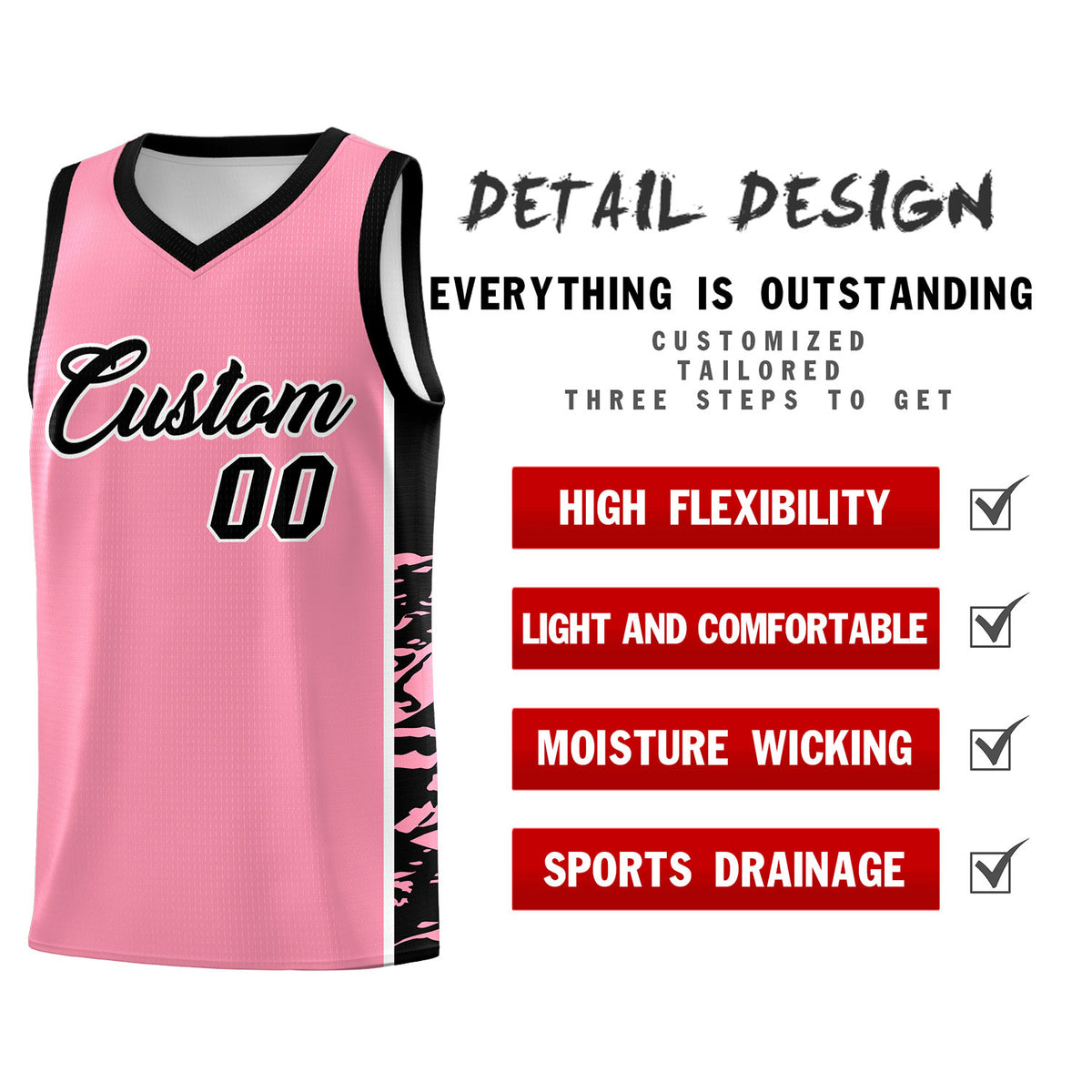 Custom Light Pink Black Side Gradient Pattern Basketball Kits
