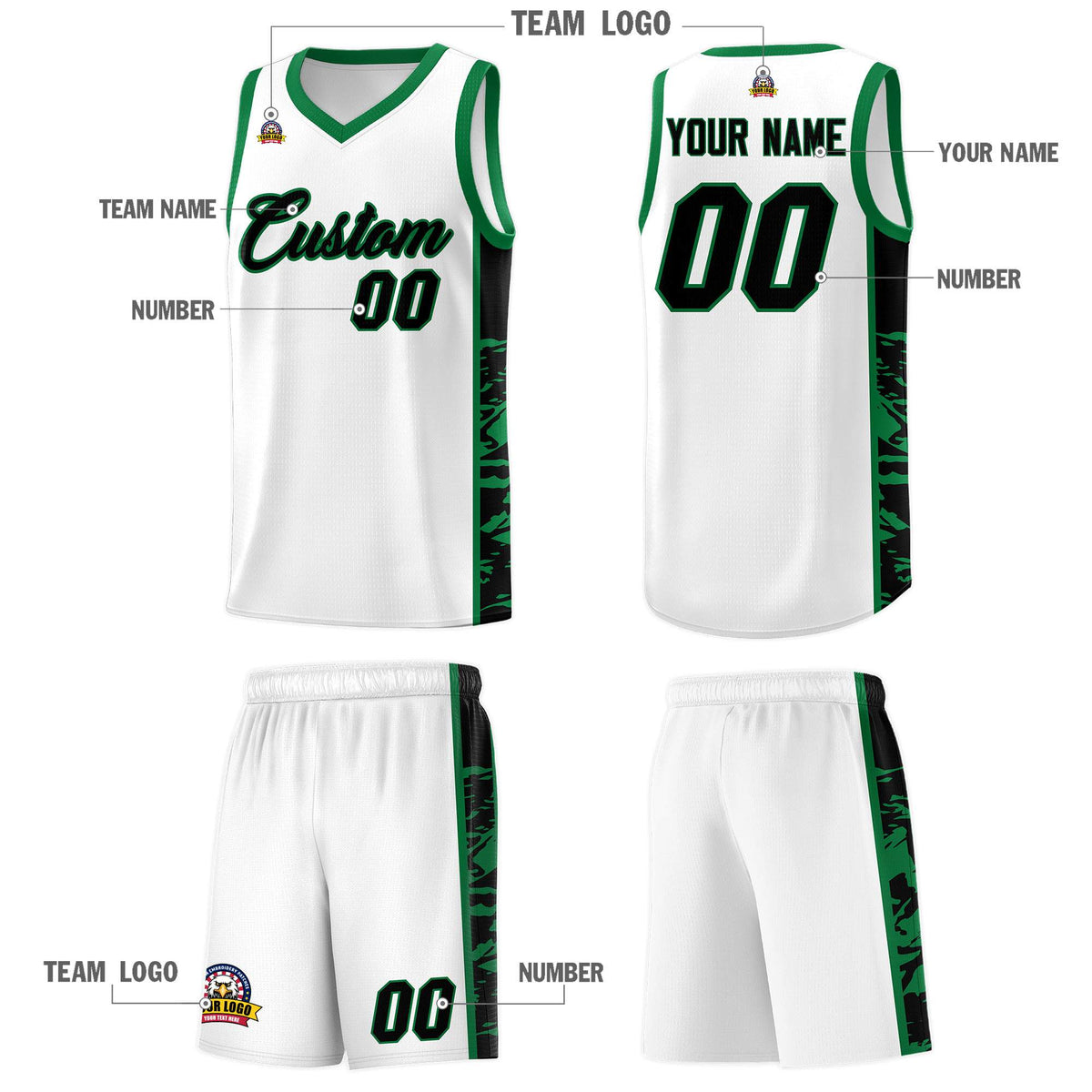 Custom White Kelly Green Side Gradient Pattern Basketball Kits