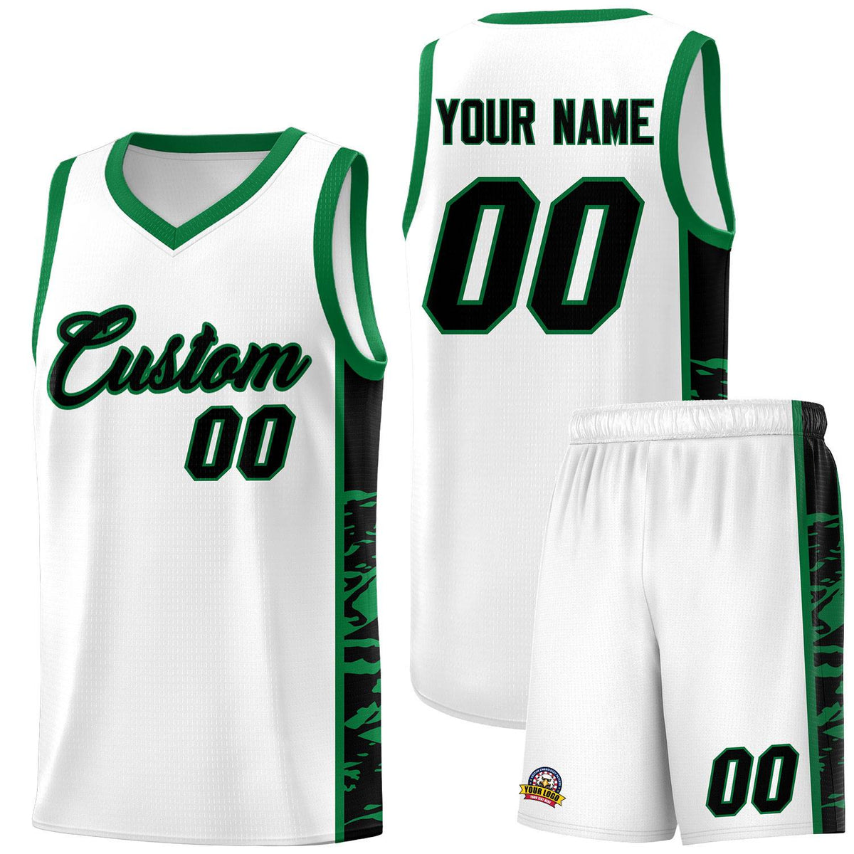 Custom White Kelly Green Side Gradient Pattern Basketball Kits