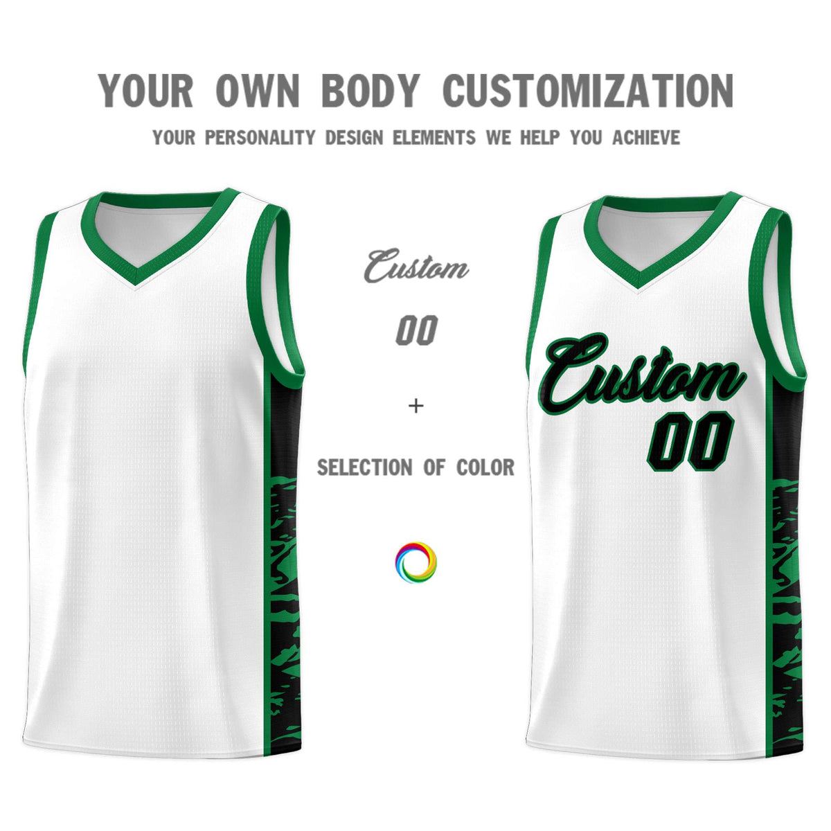 Custom White Kelly Green Side Gradient Pattern Basketball Kits