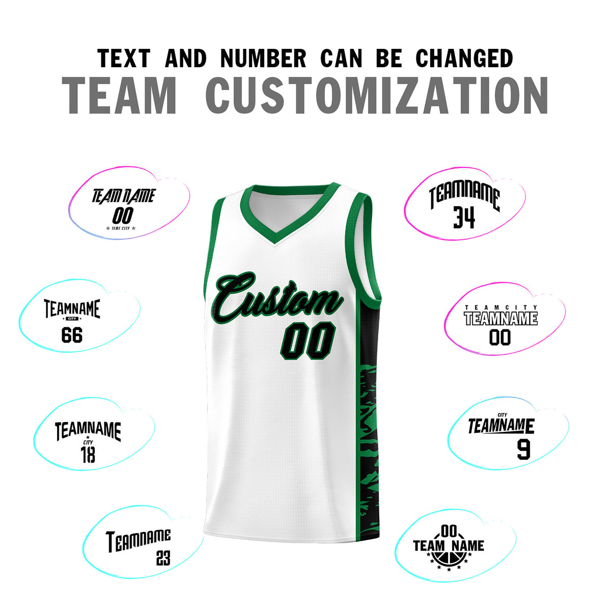Custom White Kelly Green Side Gradient Pattern Basketball Kits