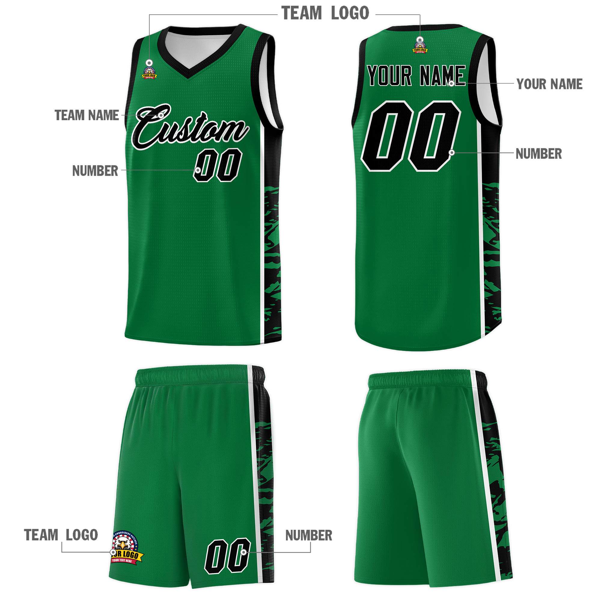 Custom Kelly Green Black Side Gradient Pattern Basketball Kits