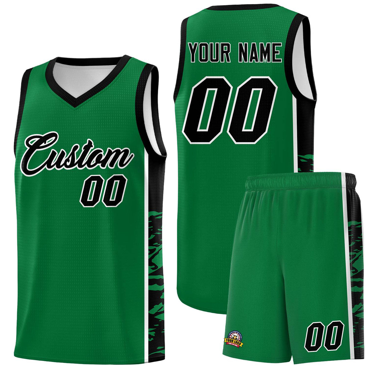 Custom Kelly Green Black Side Gradient Pattern Basketball Kits