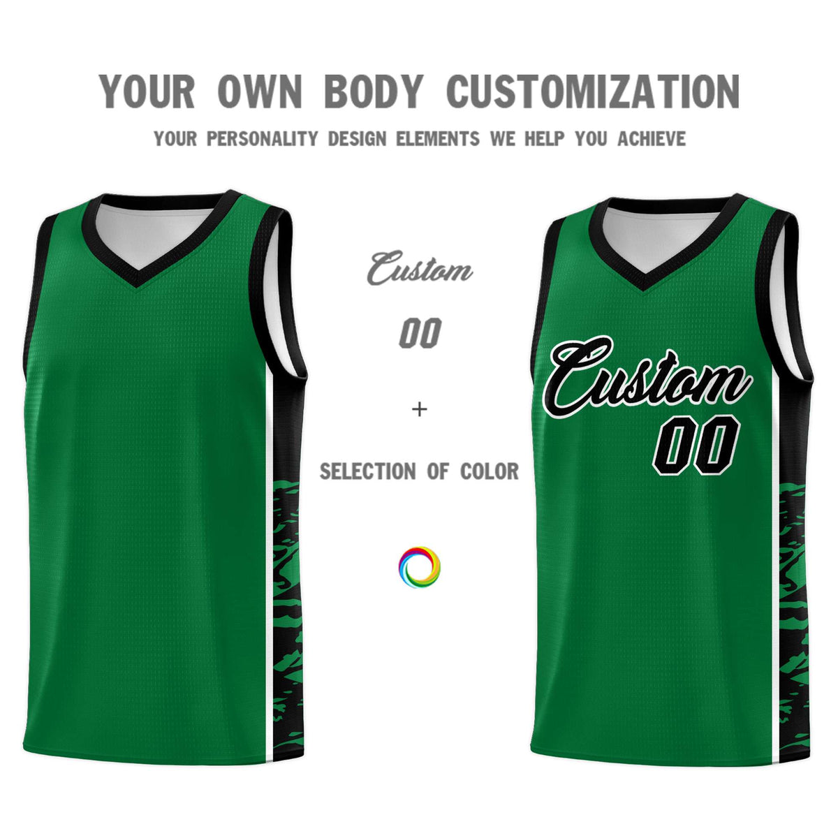 Custom Kelly Green Black Side Gradient Pattern Basketball Kits
