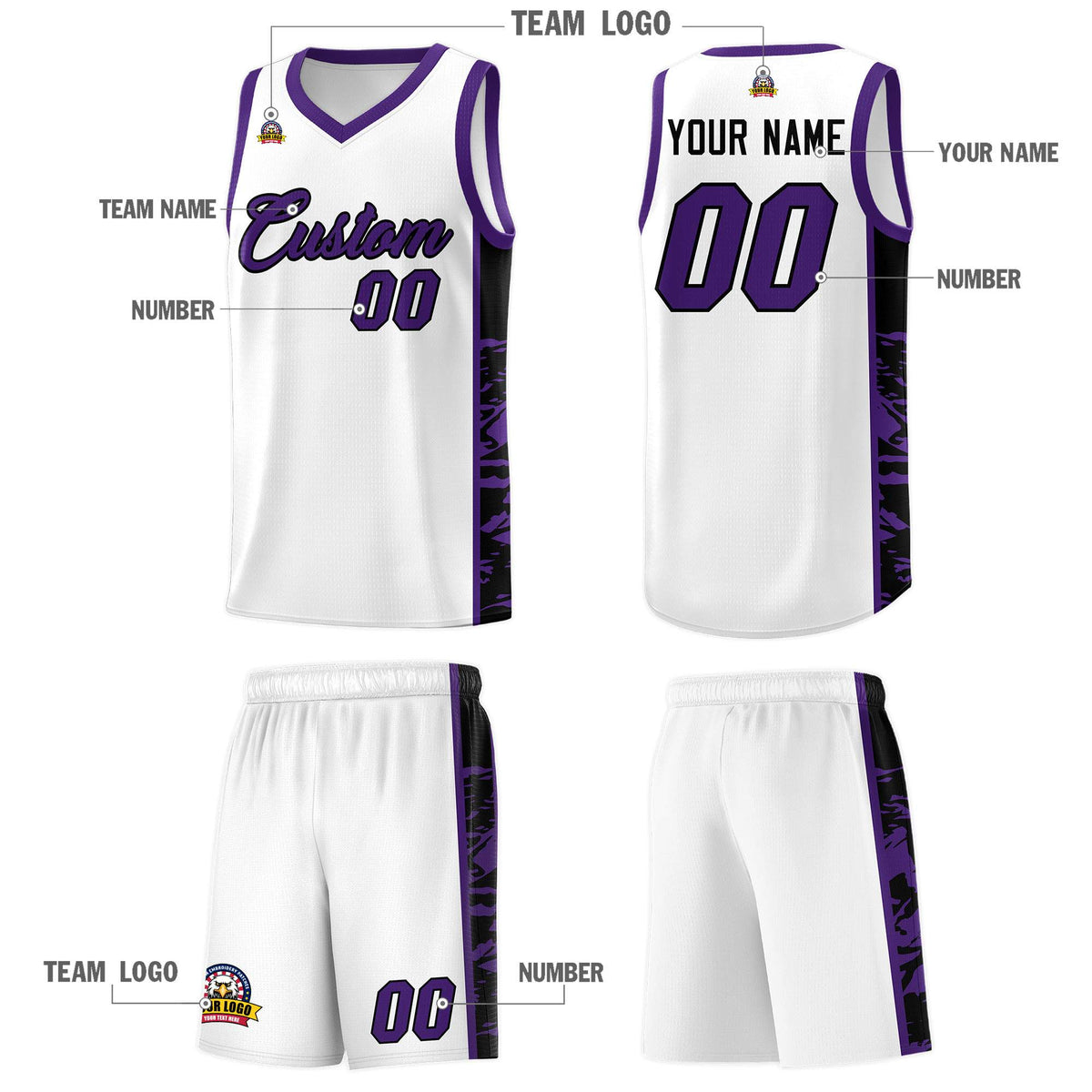 Custom White Purple Side Gradient Pattern Basketball Kits
