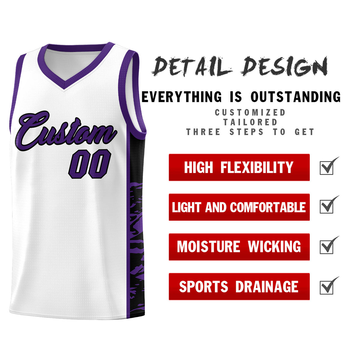 Custom White Purple Side Gradient Pattern Basketball Kits