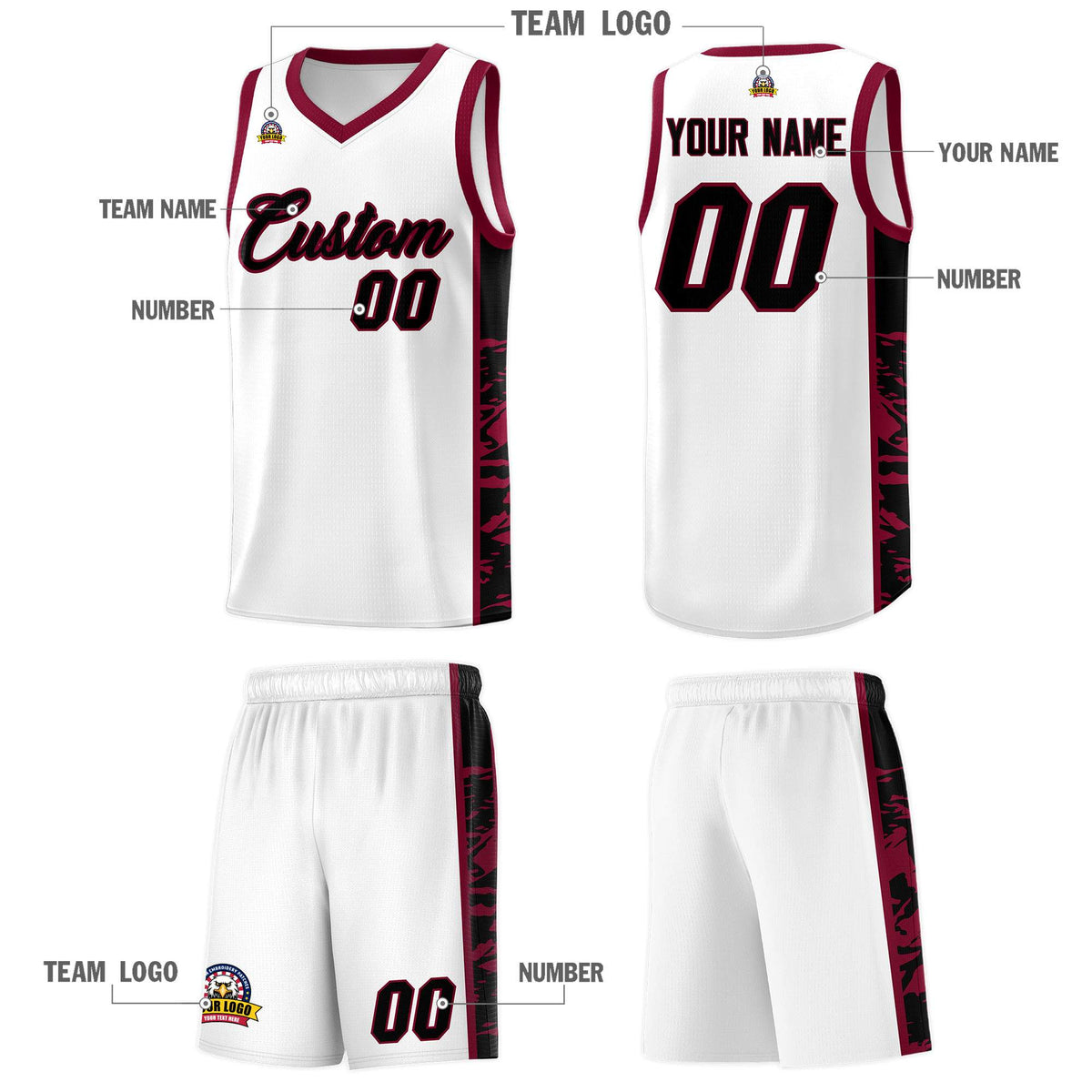 Custom White Crimson Side Gradient Pattern Basketball Kits
