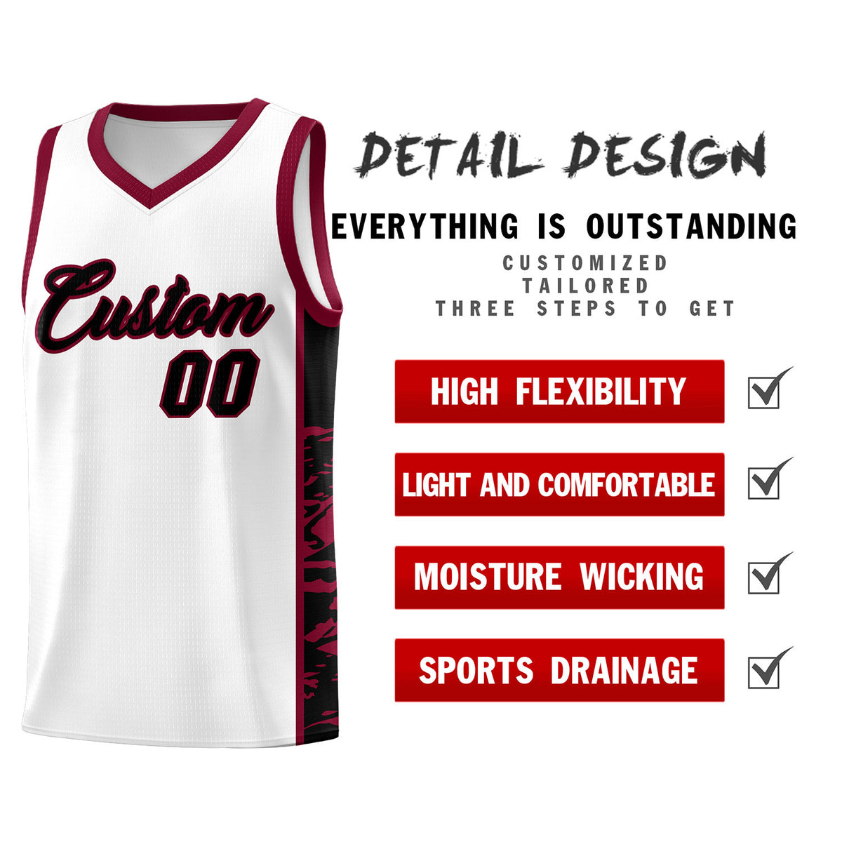 Custom White Crimson Side Gradient Pattern Basketball Kits