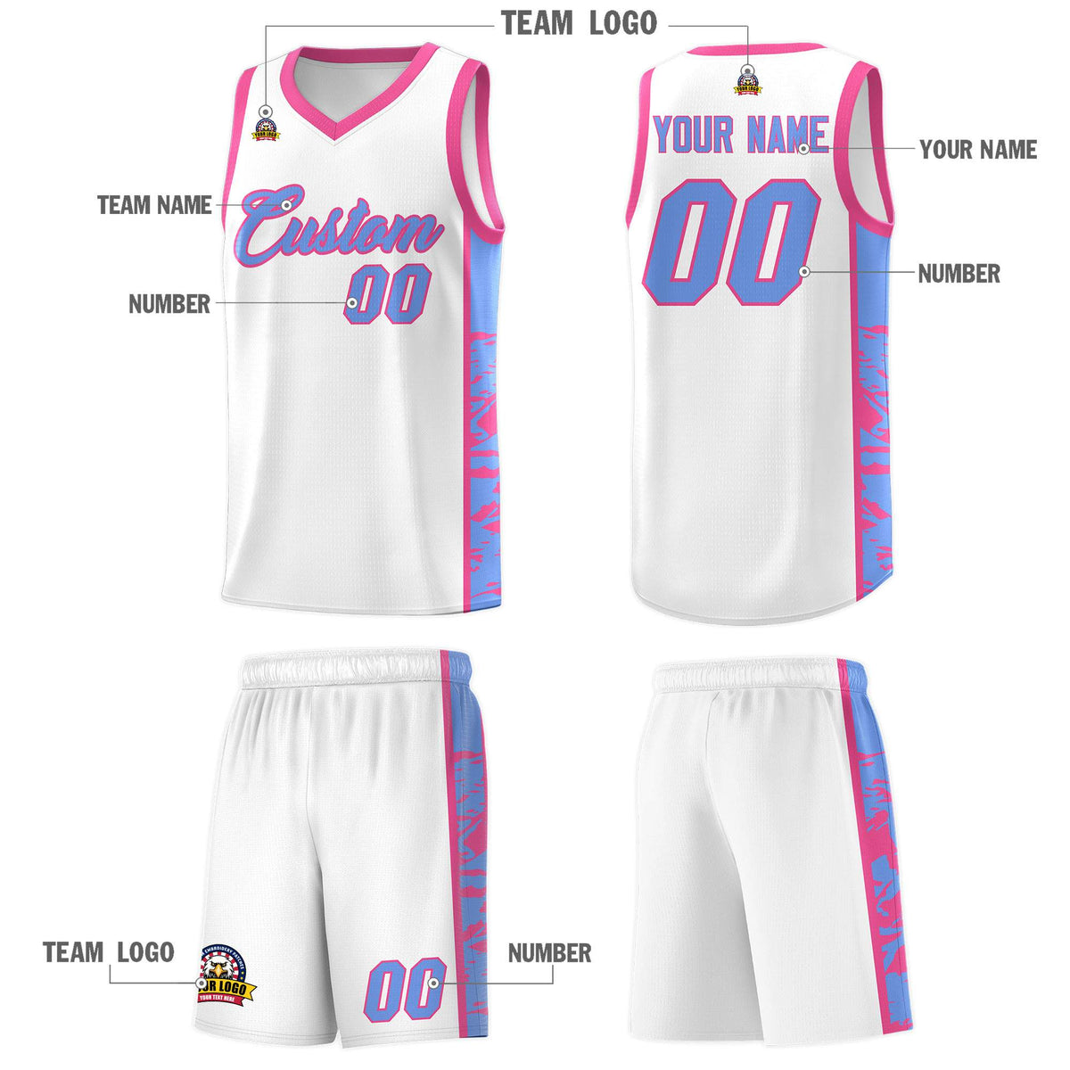 Custom White Pink Side Gradient Pattern Basketball Kits