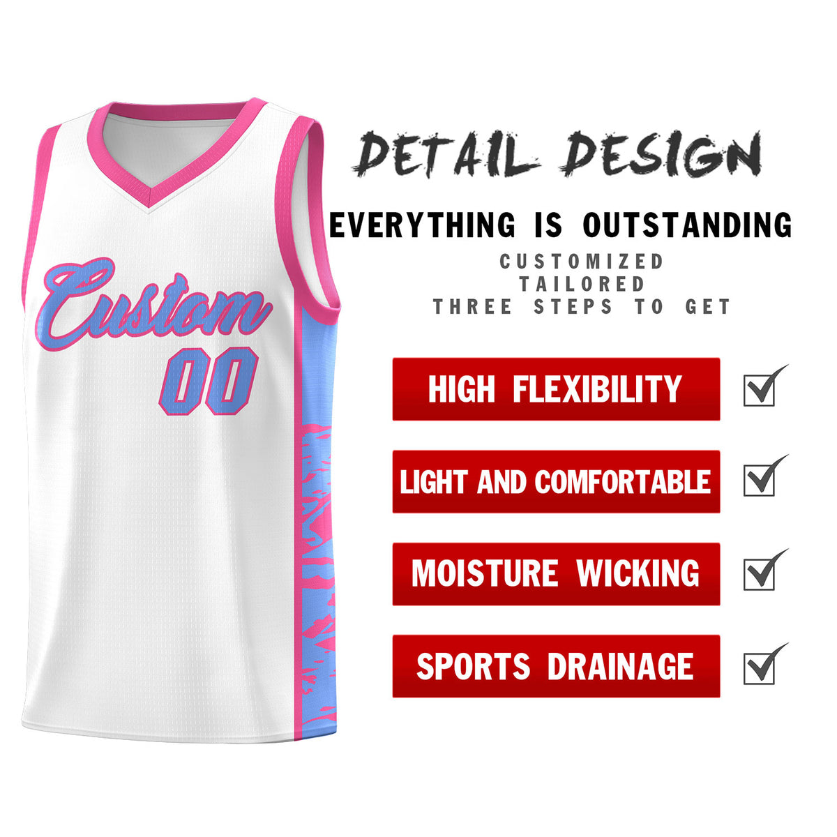 Custom White Pink Side Gradient Pattern Basketball Kits