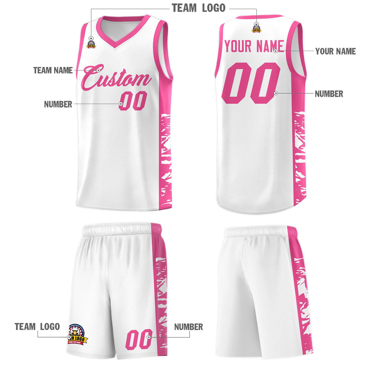 Custom White Pink Side Gradient Pattern Basketball Kits