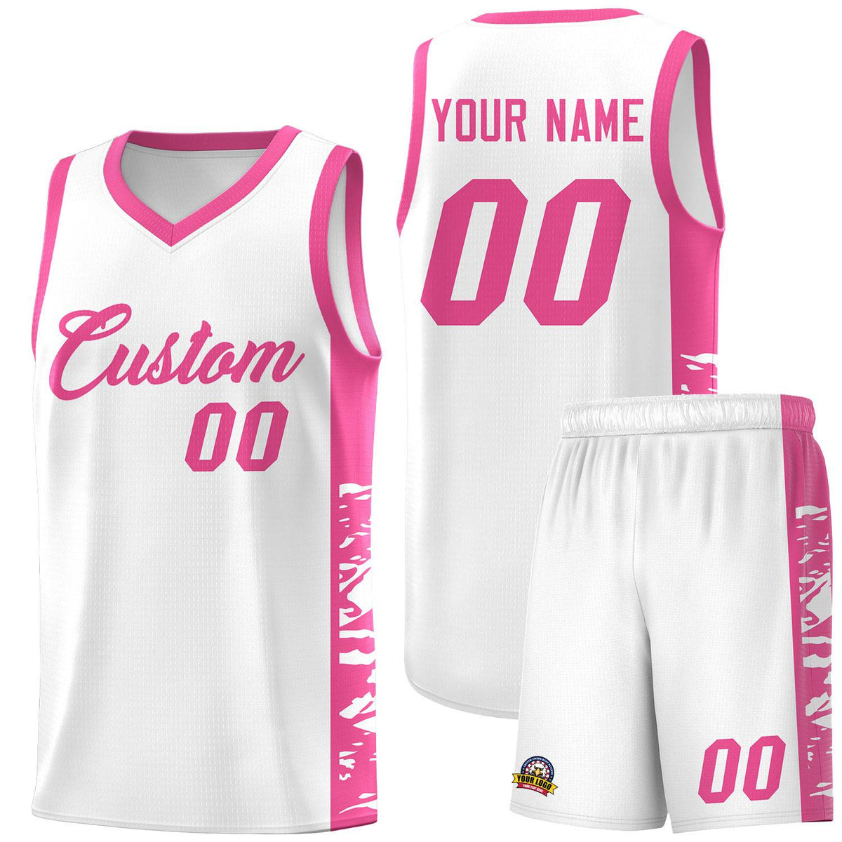 Custom White Pink Side Gradient Pattern Basketball Kits
