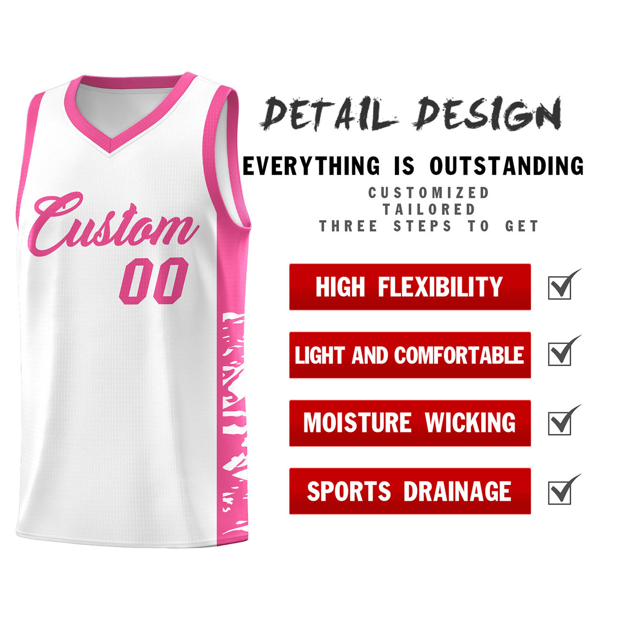 Custom White Pink Side Gradient Pattern Basketball Kits