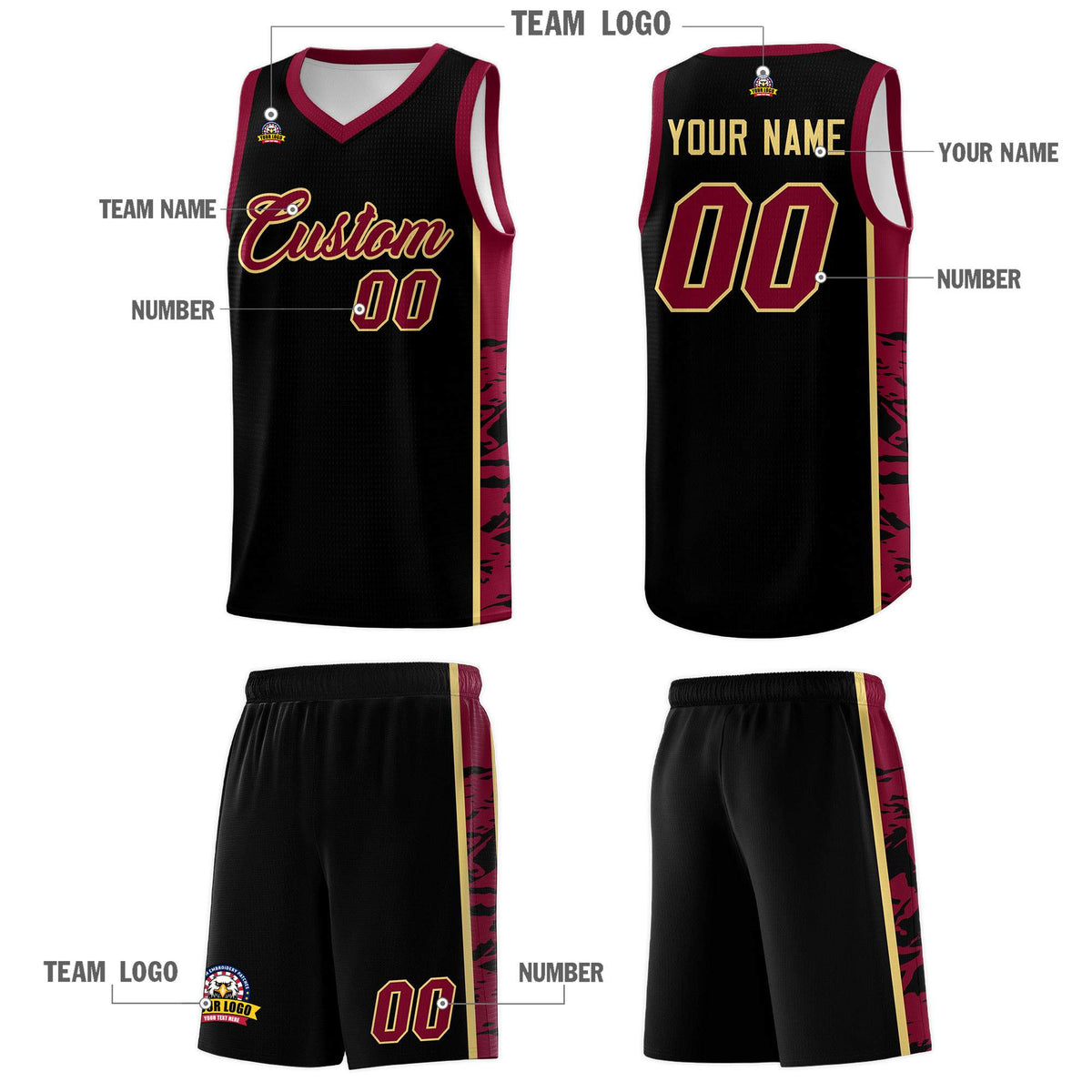 Custom Black Crimson Side Gradient Pattern Basketball Kits
