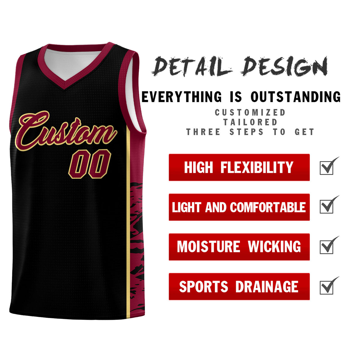 Custom Black Crimson Side Gradient Pattern Basketball Kits