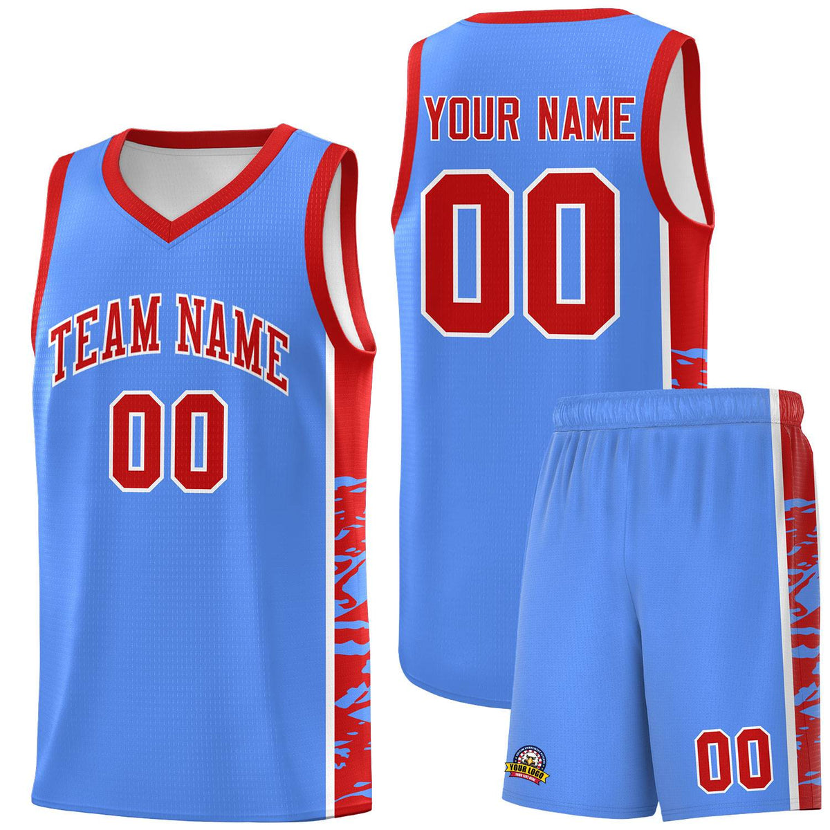Custom Powder Blue Red Side Gradient Pattern Basketball Kits