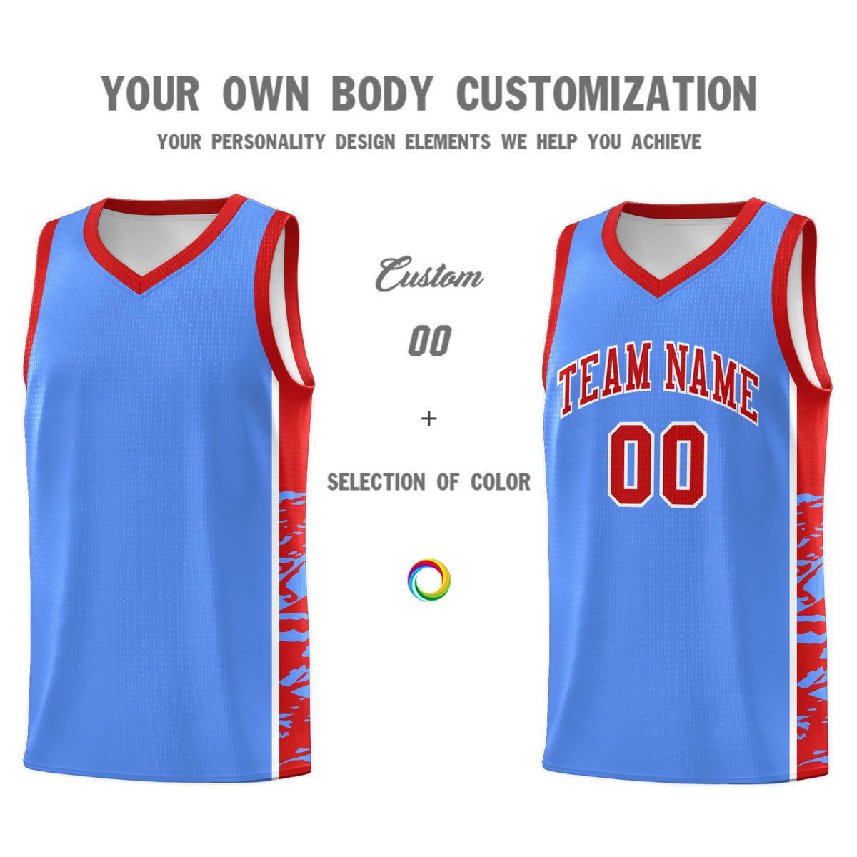 Custom Powder Blue Red Side Gradient Pattern Basketball Kits