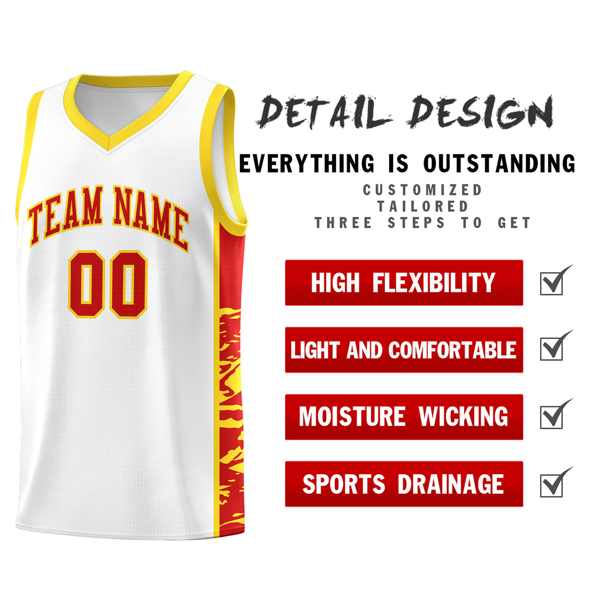 Custom White Gold Side Gradient Pattern Basketball Kits