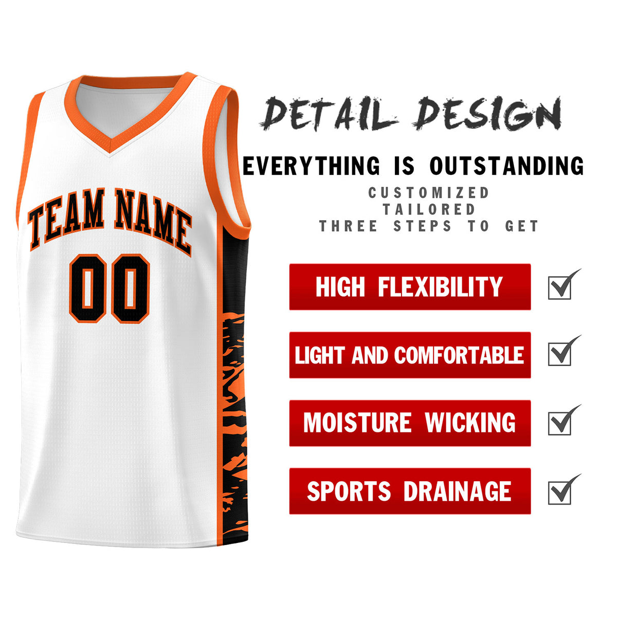 Custom White Orange Side Gradient Pattern Basketball Kits