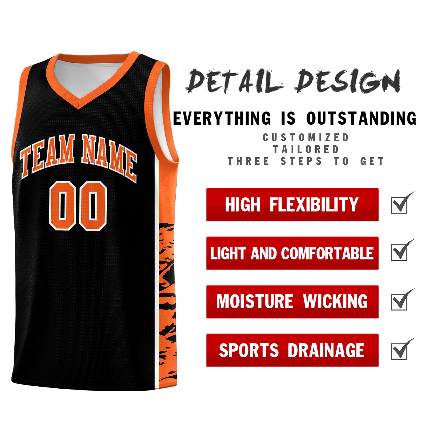 Custom Black Orange Side Gradient Pattern Basketball Kits