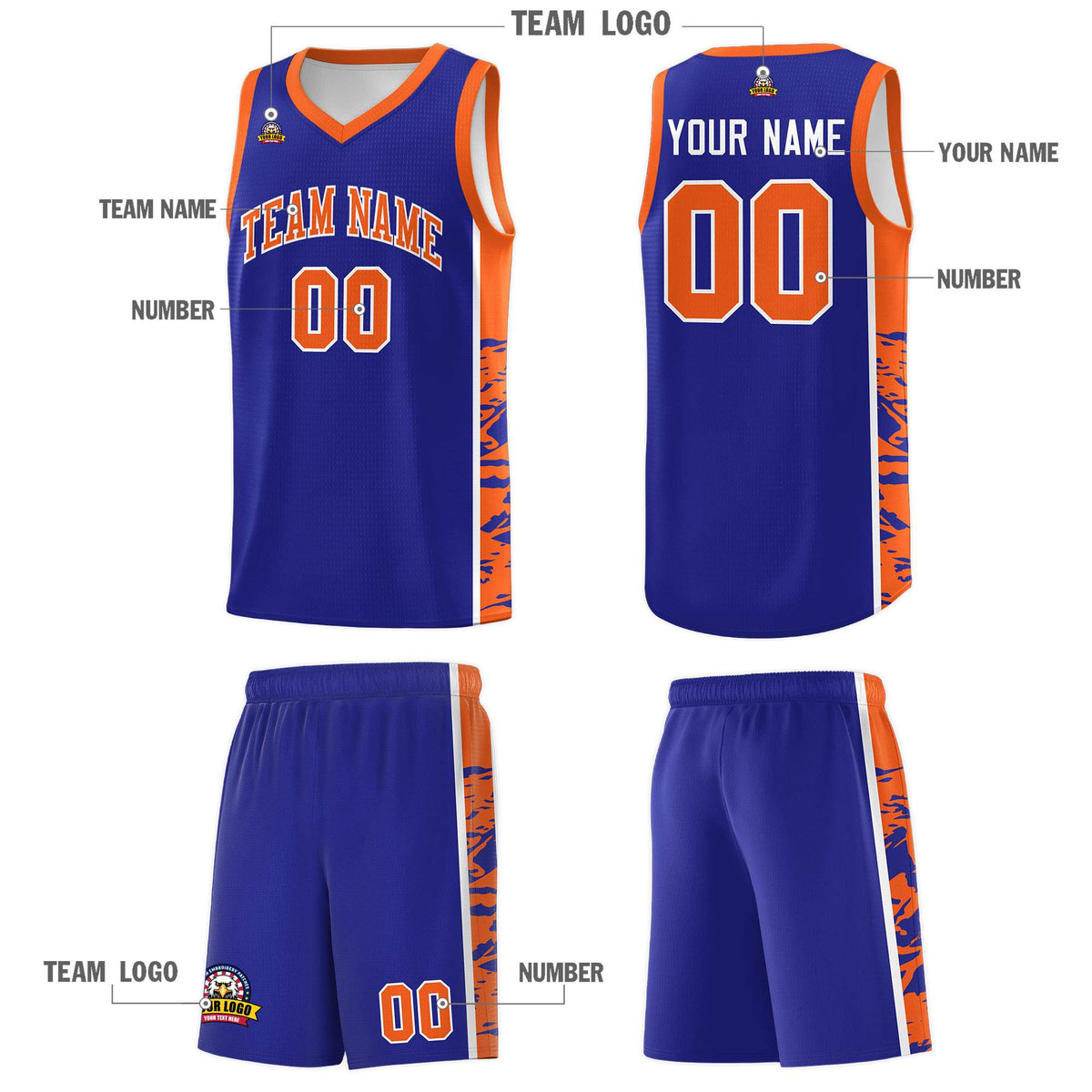 Custom Royal Orange Side Gradient Pattern Basketball Kits