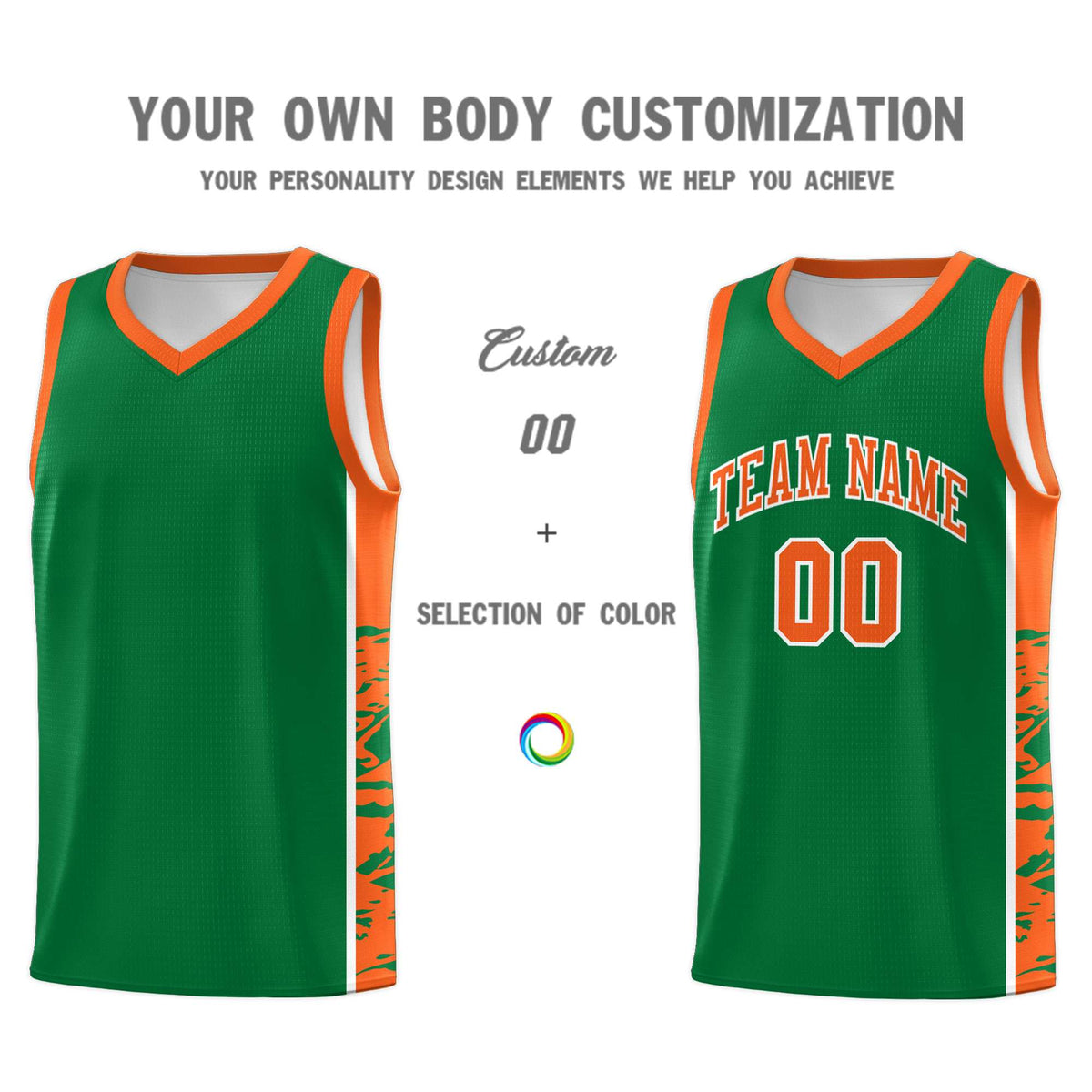 Custom Kelly Green Orange Side Gradient Pattern Basketball Kits