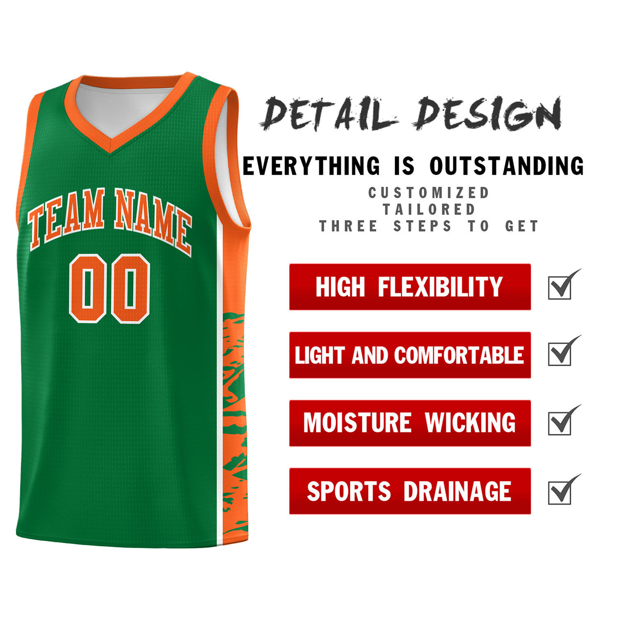 Custom Kelly Green Orange Side Gradient Pattern Basketball Kits