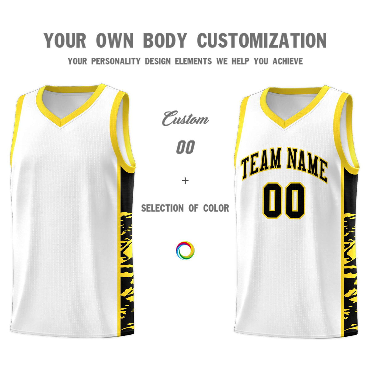 Custom White Gold Side Gradient Pattern Basketball Kits