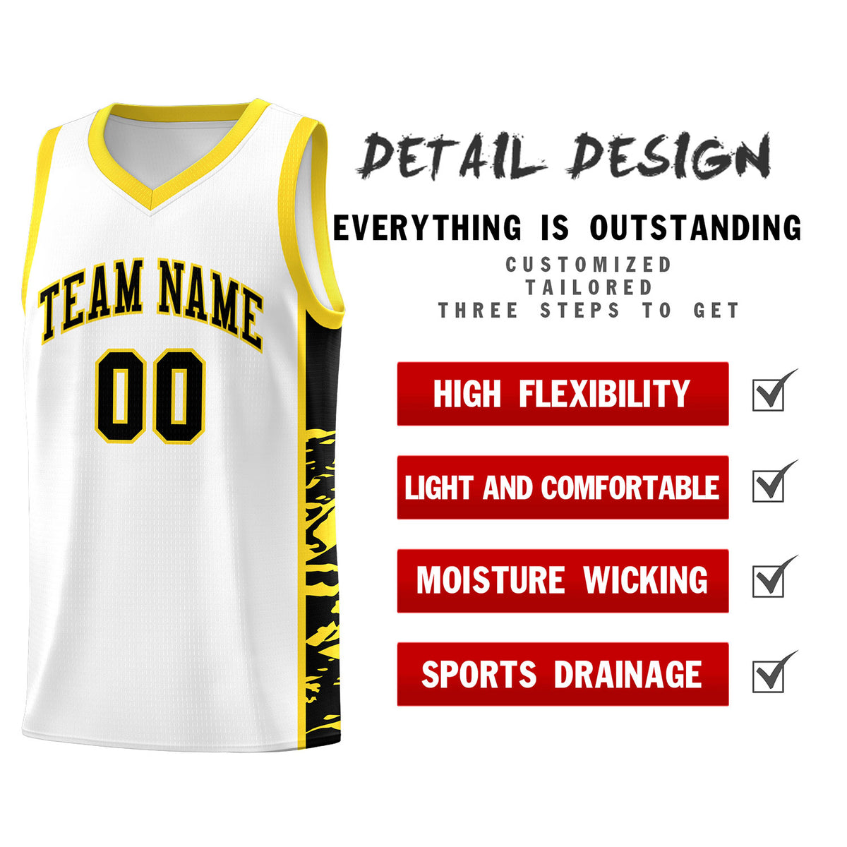 Custom White Gold Side Gradient Pattern Basketball Kits