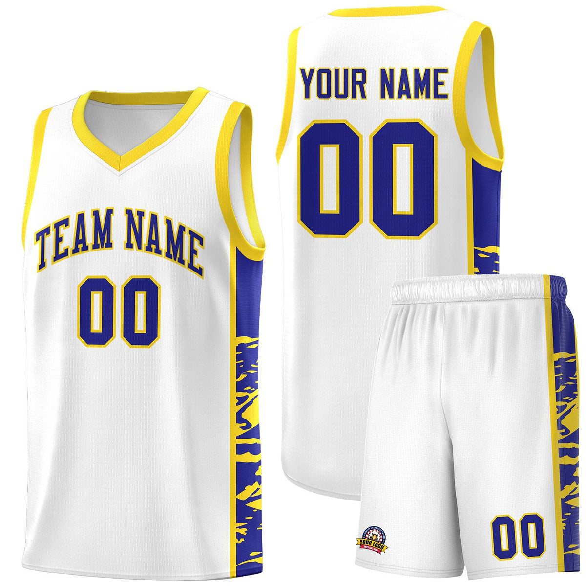 Custom White Gold Side Gradient Pattern Basketball Kits