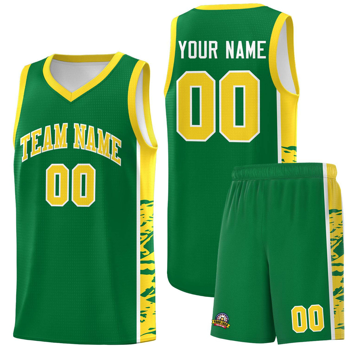 Custom Kelly Green Gold Side Gradient Pattern Basketball Kits