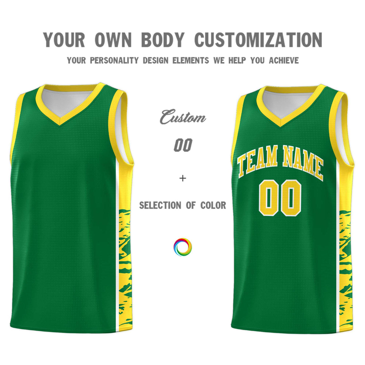 Custom Kelly Green Gold Side Gradient Pattern Basketball Kits